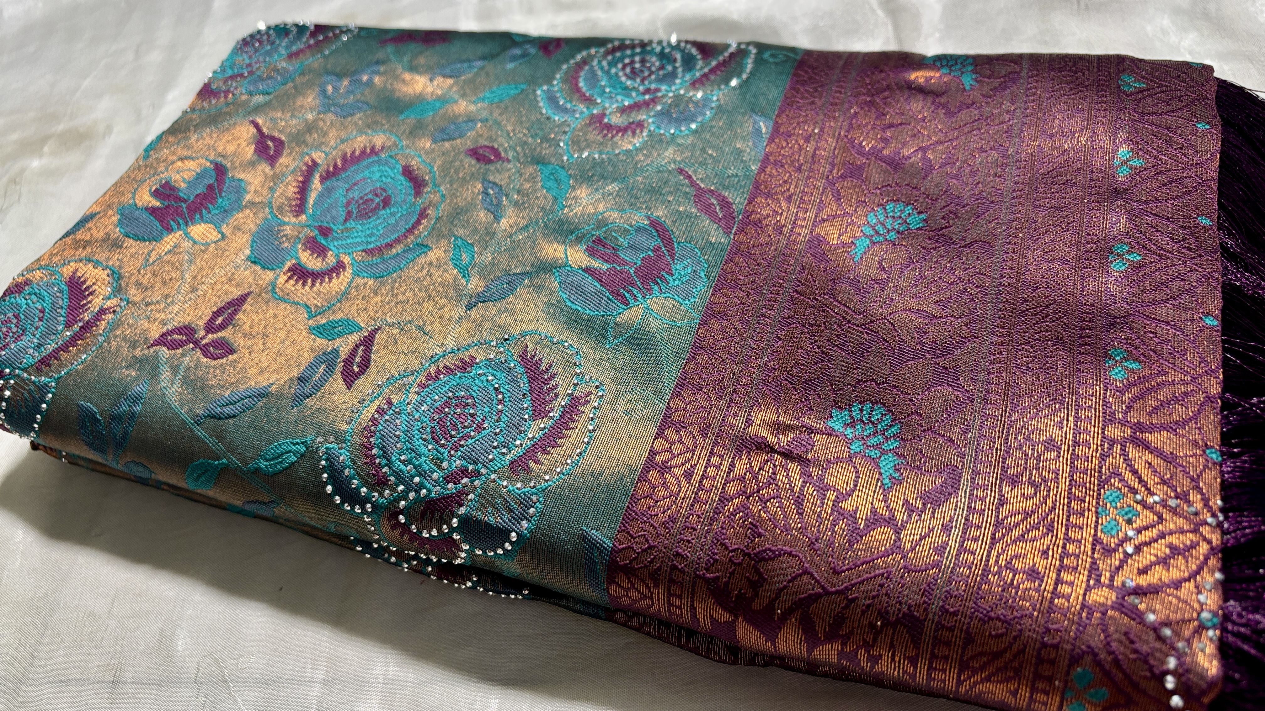 Rozy Stone Work Silk Saree - Pine Green & Dark Plum