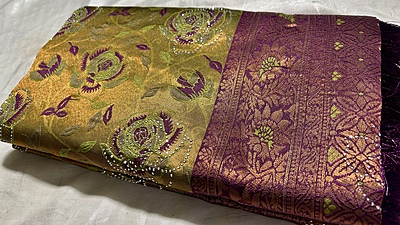 Rozy Stone Work Silk Saree - Leaf Green & Dark Plum