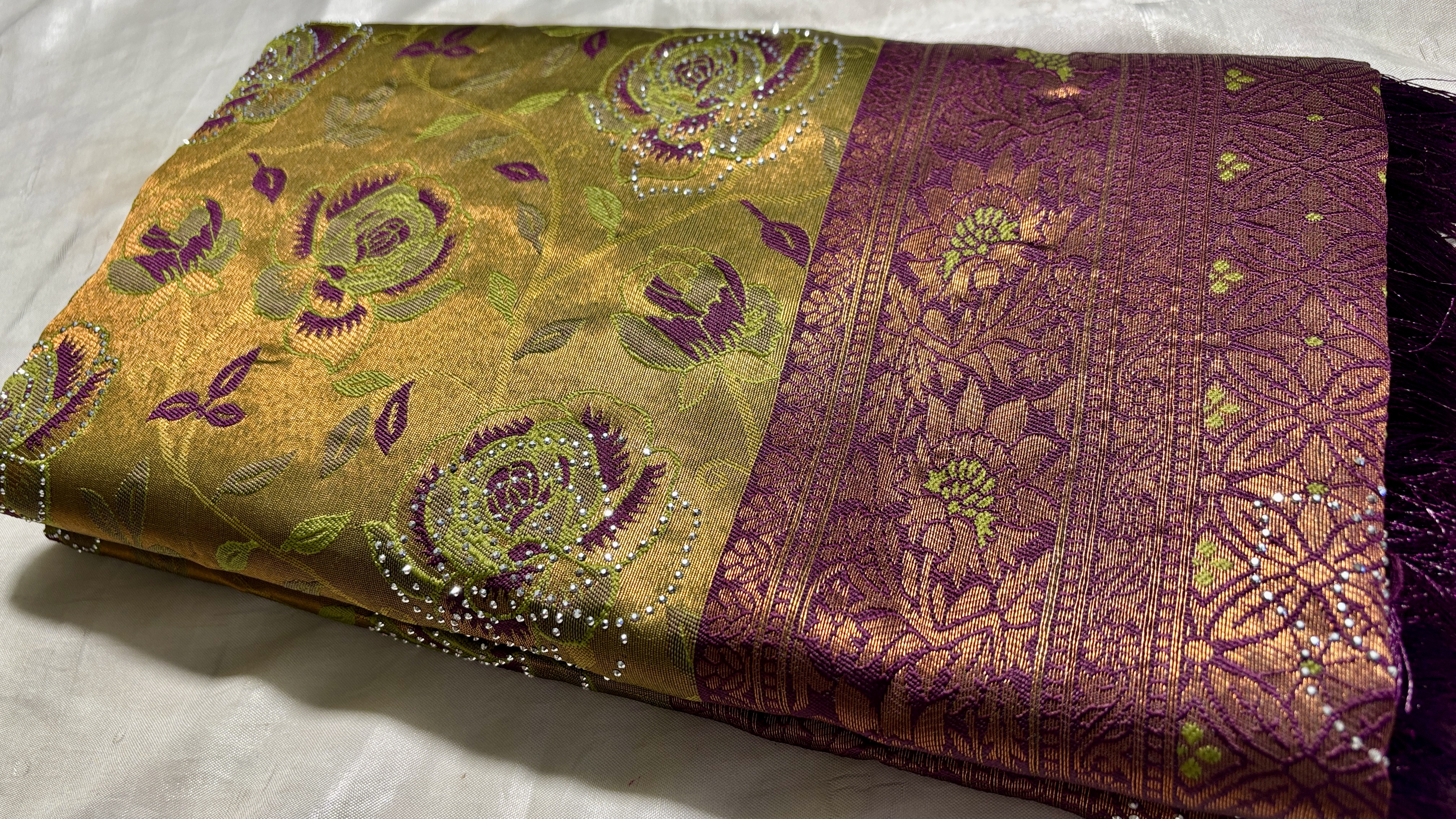 Rozy Stone Work Silk Saree - Leaf Green & Dark Plum