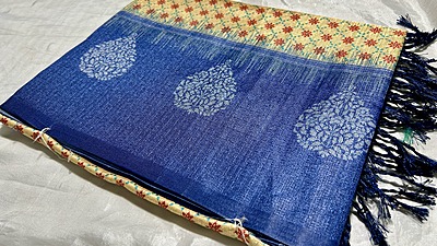 Pasmina Raw Digital Silk Saree - Cream & Ink Blue