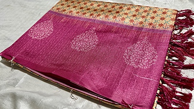 Pasmina Raw Digital Silk Saree - Cream & Pink