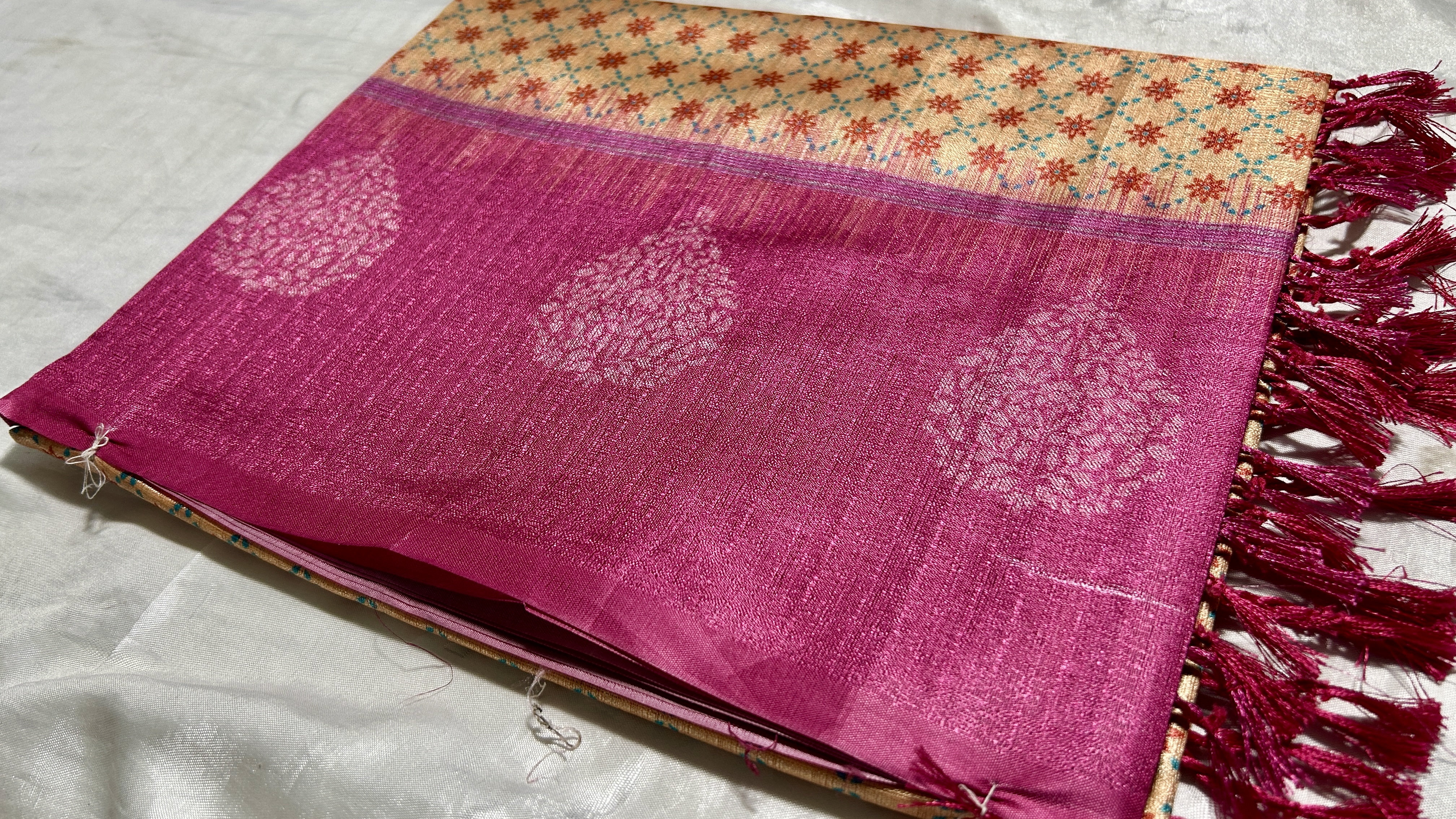 Pasmina Raw Digital Silk Saree - Cream & Pink