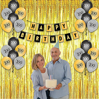 Celebrate The Milestone 100th Birthday Of A Special Someone With Our Combo Kit, Which Includes 15pcs Printed Balloons, A Curtain, And A Banner. Celebrate The Milestone 100th Birthday Of A Special Someone With Our Combo Kit, Which Includes 15pcs Printed Balloons, A Curtain, And A Banner.
