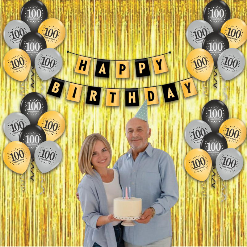 Celebrate The Milestone 100th Birthday Of A Special Someone With Our Combo Kit, Which Includes 15pcs Printed Balloons, A Curtain, And A Banner. Celebrate The Milestone 100th Birthday Of A Special Someone With Our Combo Kit, Which Includes 15pcs Printed Balloons, A Curtain, And A Banner.