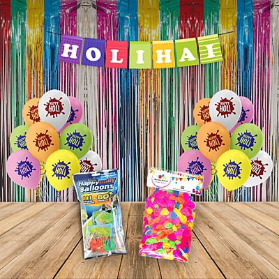 The Magic Balloons- Holi Decoration Combo Kit 30pcs Of Holi Balloons | 2 Multicolour curtains | 1 banner | 111 Pack Magic Water Balloons | 500pcs Of Water Balloons | Pack Of 644 pcs.