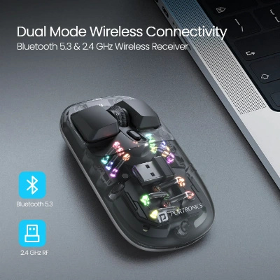 Portronics Toad 5 Transparent Bluetooth Mouse with 2.4 GHz & BT 5.3 Dual Wireless, Rechargeable, RGB Lights, Connect 3 Devices, Sleek Design for Laptop, Smartphone, Tablet (Black) Portronics Toad 5 Transparent Bluetooth Mouse with 2.4 GHz & BT 5.3 Dual Wireless, Rechargeable, RGB Lights, Connect 3 Devices, Sleek Design for Laptop, Smartphone, Tablet (Black)