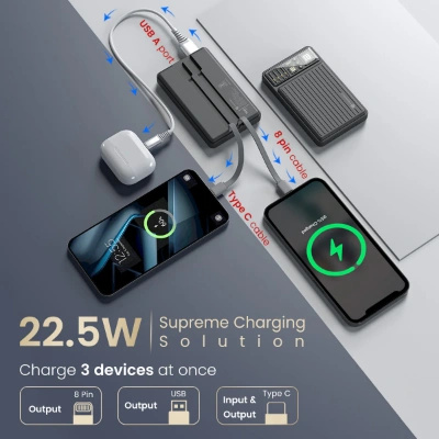 Portronics Luxcell Bind Mini 10k 10000mAh Nano Powerbank with 22.5W Fast Charging, in-Built Type C PD(Input & Output) /8 Pin Cable, LED Indicator, USB-A Mach Output, Compatible with Smartphones Portronics Luxcell Bind Mini 10k 10000mAh Nano Powerbank with 22.5W Fast Charging, in-Built Type C PD(Input & Output) /8 Pin Cable, LED Indicator, USB-A Mach Output, Compatible with Smartphones