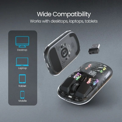 Portronics Toad 5 Transparent Bluetooth Mouse with 2.4 GHz & BT 5.3 Dual Wireless, Rechargeable, RGB Lights, Connect 3 Devices, Sleek Design for Laptop, Smartphone, Tablet (Black) Portronics Toad 5 Transparent Bluetooth Mouse with 2.4 GHz & BT 5.3 Dual Wireless, Rechargeable, RGB Lights, Connect 3 Devices, Sleek Design for Laptop, Smartphone, Tablet (Black)