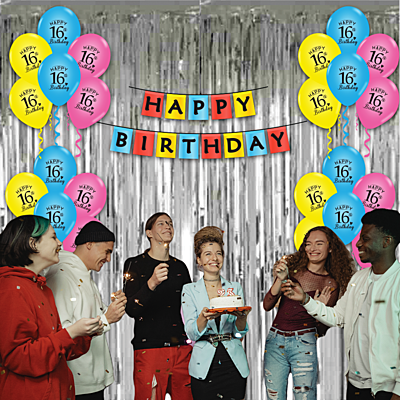 The Magic Balloon- Make Your 16th Birthday Unforgettable With Our Combo Kit Featuring 15 Balloons, 1 Curtain, and 1 Banner.