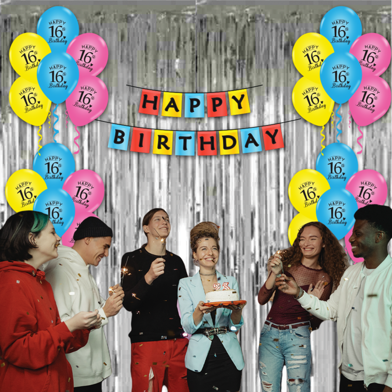 The Magic Balloon- Make Your 16th Birthday Unforgettable With Our Combo Kit Featuring 15 Balloons, 1 Curtain, and 1 Banner. The Magic Balloon- Make Your 16th Birthday Unforgettable With Our Combo Kit Featuring 15 Balloons, 1 Curtain, and 1 Banner.