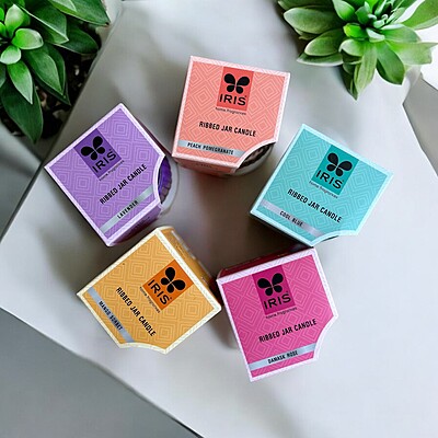 Iris Ribbed Glass Jar Candle - Damask Rose, Mango Sorbet, Peach Pomegranate, Lavender, Cool Blue Iris Ribbed Glass Jar Candle - Damask Rose, Mango Sorbet, Peach Pomegranate, Lavender, Cool Blue