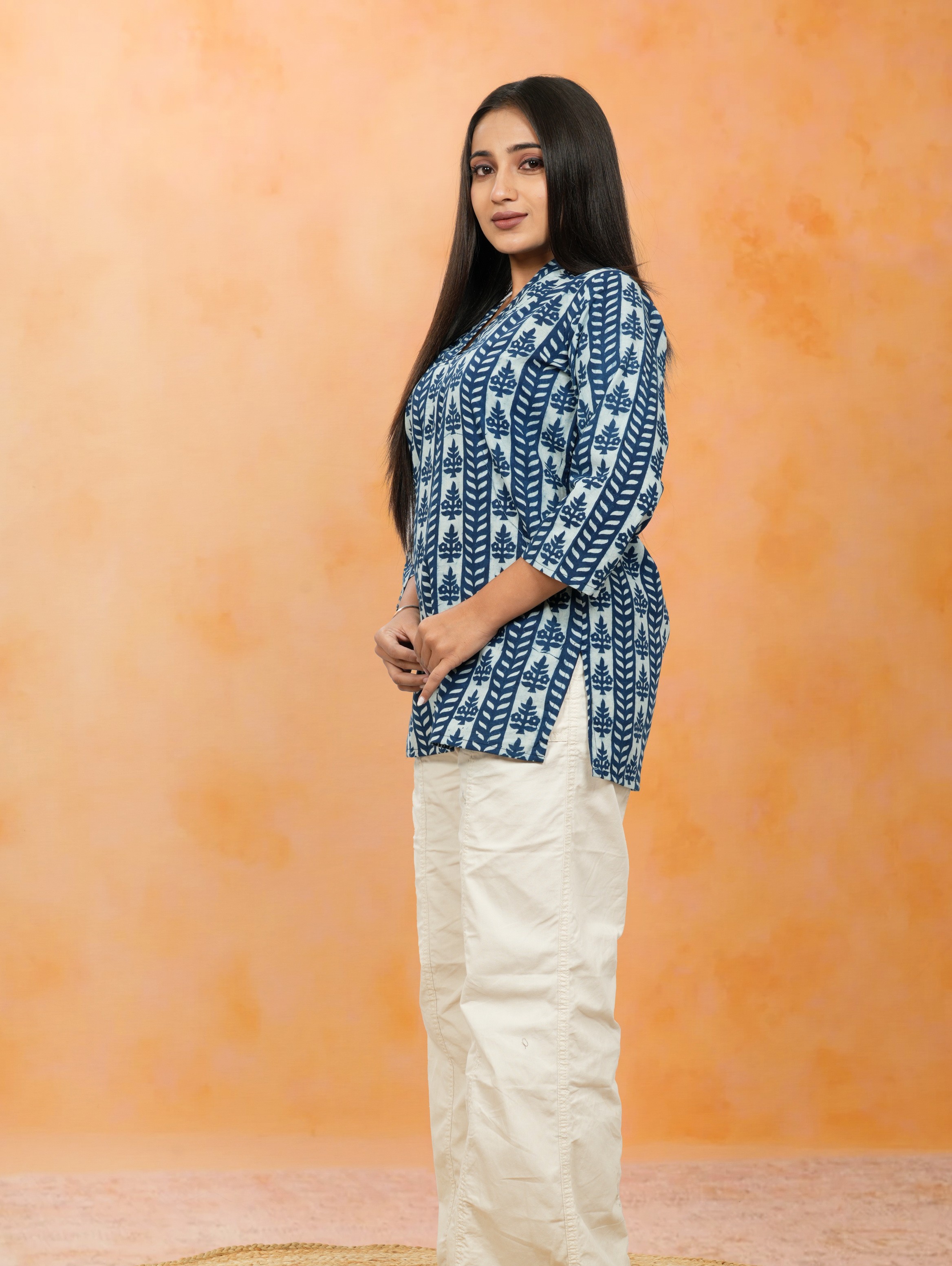 Nimrit Indigo Lining Print Cotton Short Top Nimrit Indigo Lining Print Cotton Short Top