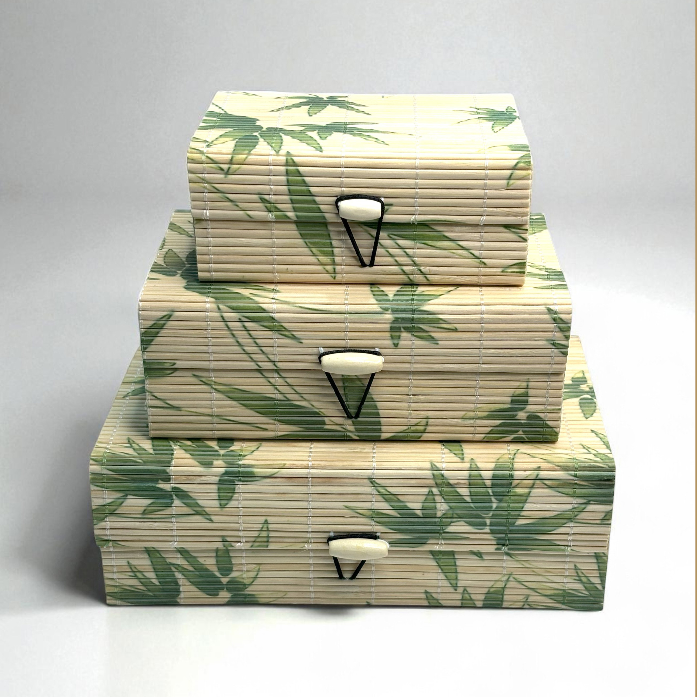 Decorative Jewellery / Storage Boxes with Bamboo Pattern, Green Leaf Design, Set of 3