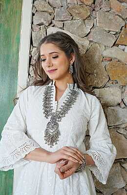Chikankari Schiffli Gown Pant Set With Crochet Lace-OffWhite-2