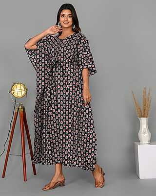 Block Printed Soft Cotton Kaftan-Black-1 Block Printed Soft Cotton Kaftan-Black-1