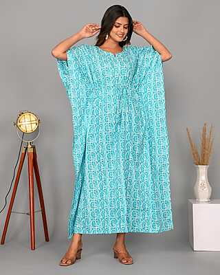 Block Printed Soft Cotton Kaftan-Blue-1 Block Printed Soft Cotton Kaftan-Blue-1