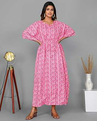 Block Printed Soft Cotton Kaftan-Pink-1 Block Printed Soft Cotton Kaftan-Pink-1