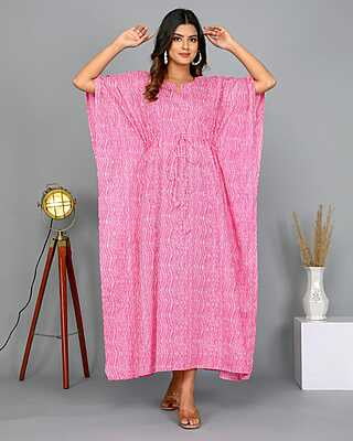 Block Printed Soft Cotton Kaftan-Pink-2 Block Printed Soft Cotton Kaftan-Pink-2