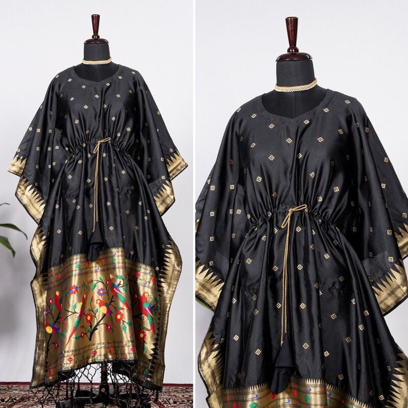 Paithani Silk Kaftan With Weaving Border-Black