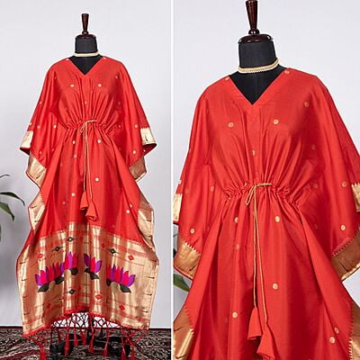 Paithani Silk Kaftan With Weaving Border-Orange