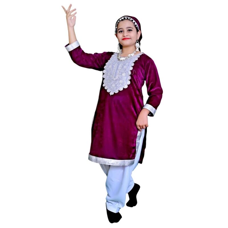 Kashmiri Dance Fancy Dress Wine & White Kashmiri Dance Fancy Dress Wine & White