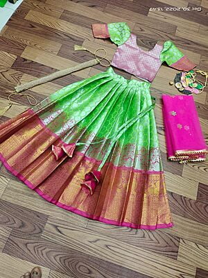 Lichi Silk Lehenga For Girls-Green