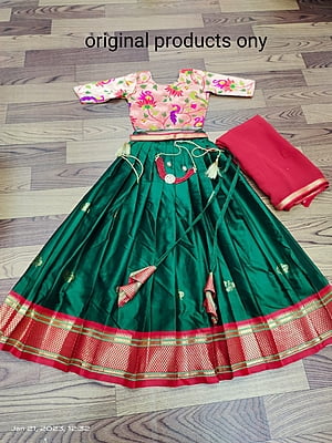 Paithani Silk Lehenga For Girls-BottleGreen-2