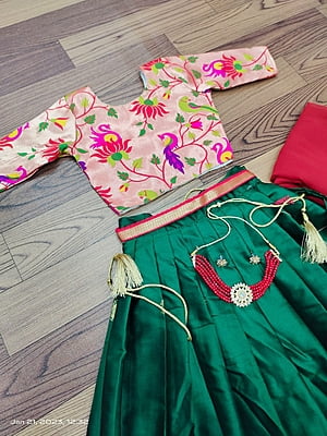 Paithani Silk Lehenga For Girls-BottleGreen-3