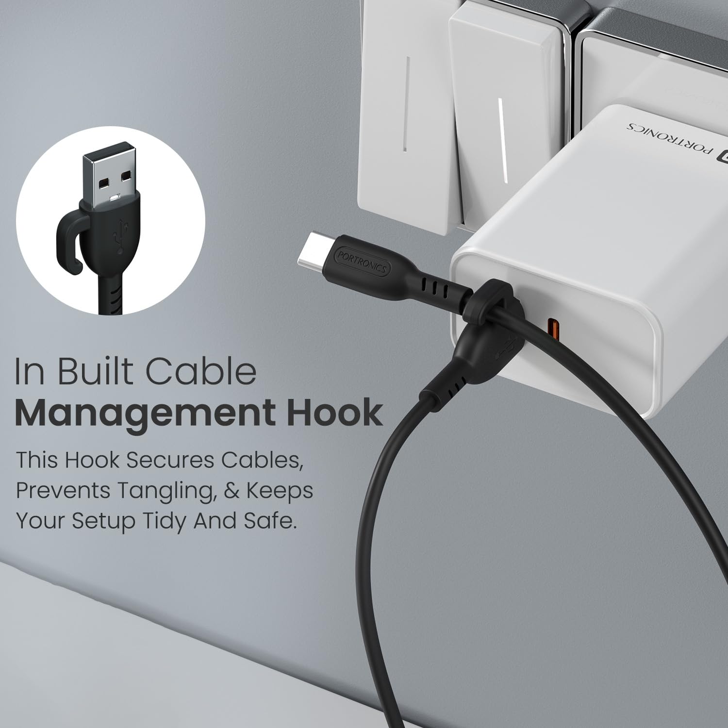 Portronics Konnect Core 3 Type-C - 3.0A Fast Sync USB to Type-C 1M PVC Cable with In-Built Cable Management Hook (Black) Portronics Konnect Core 3 Type-C - 3.0A Fast Sync USB to Type-C 1M PVC Cable with In-Built Cable Management Hook (Black)