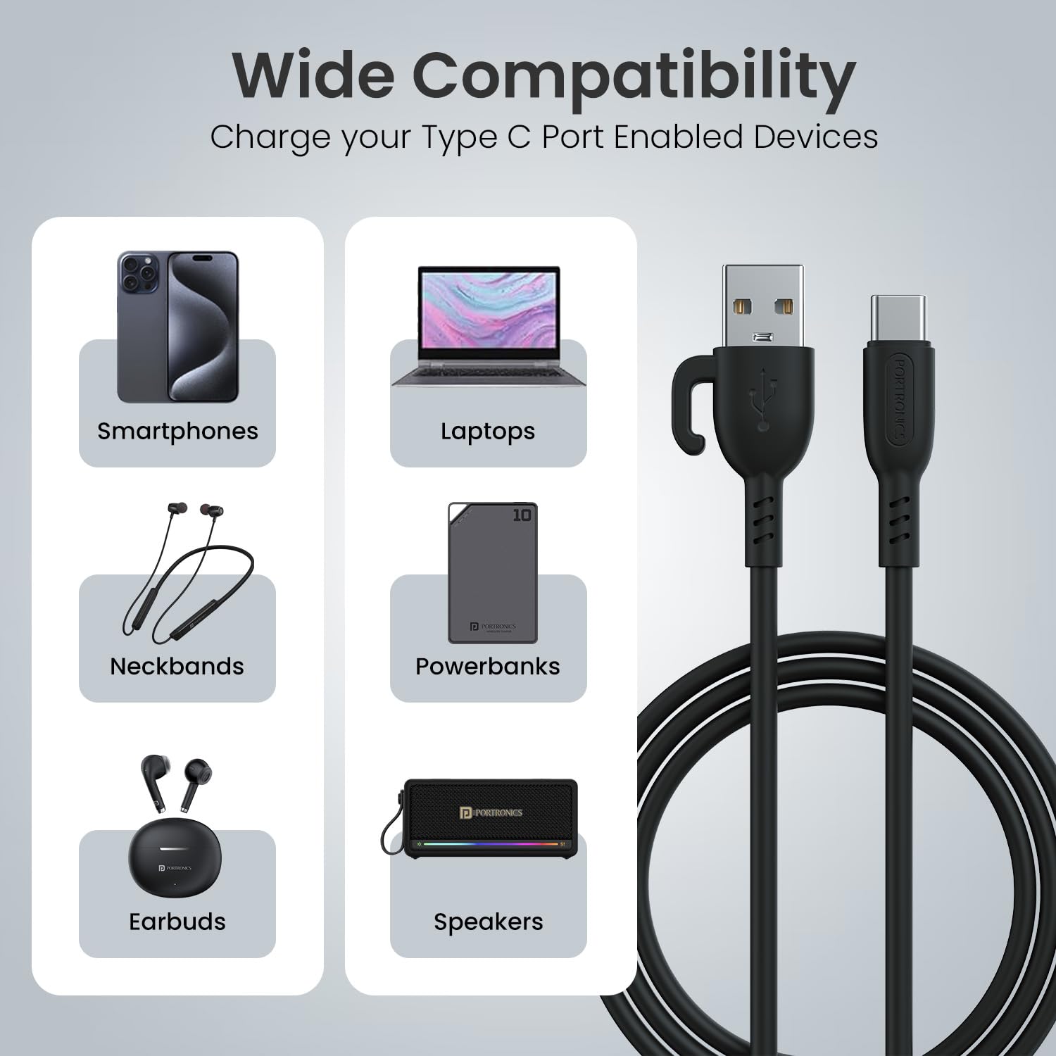 Portronics Konnect Core 3 Type-C - 3.0A Fast Sync USB to Type-C 1M PVC Cable with In-Built Cable Management Hook (Black) Portronics Konnect Core 3 Type-C - 3.0A Fast Sync USB to Type-C 1M PVC Cable with In-Built Cable Management Hook (Black)