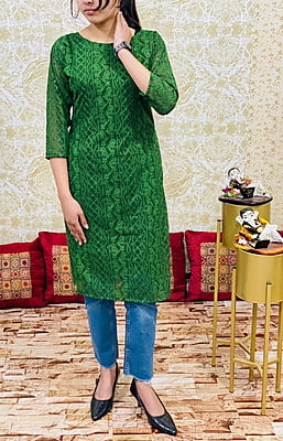 Pure Georgette Lucknowi Kurtis With Lining-Green Pure Georgette Lucknowi Kurtis With Lining-Green