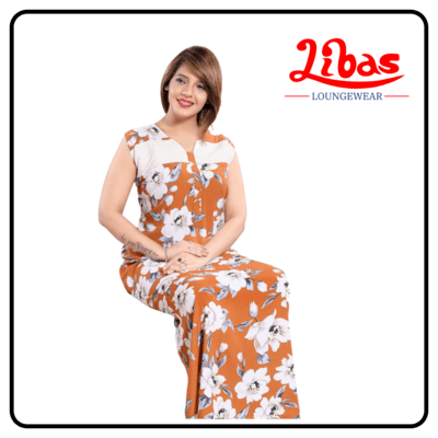 Large half white floral prints on orange soft cotton sleevless nighty from libas loungewear-SL034 Large half white floral prints on orange soft cotton sleevless nighty from libas loungewear-SL034
