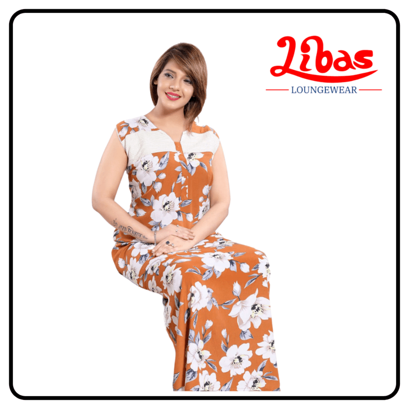 Large half white floral prints on orange soft cotton sleevless nighty from libas loungewear-SL034 Large half white floral prints on orange soft cotton sleevless nighty from libas loungewear-SL034