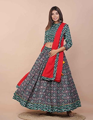 Hand Block Printed Lehenga-Green