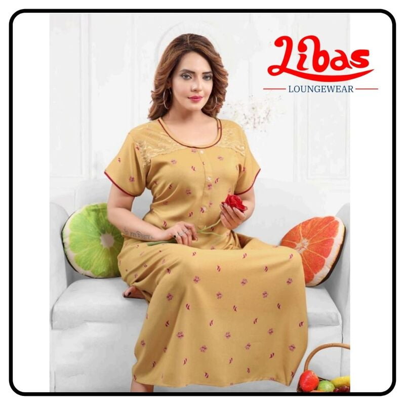 Light mustard alphine nighty with maroon floral prints all over from libas loungewear-AL117 Light mustard alphine nighty with maroon floral prints all over from libas loungewear-AL117