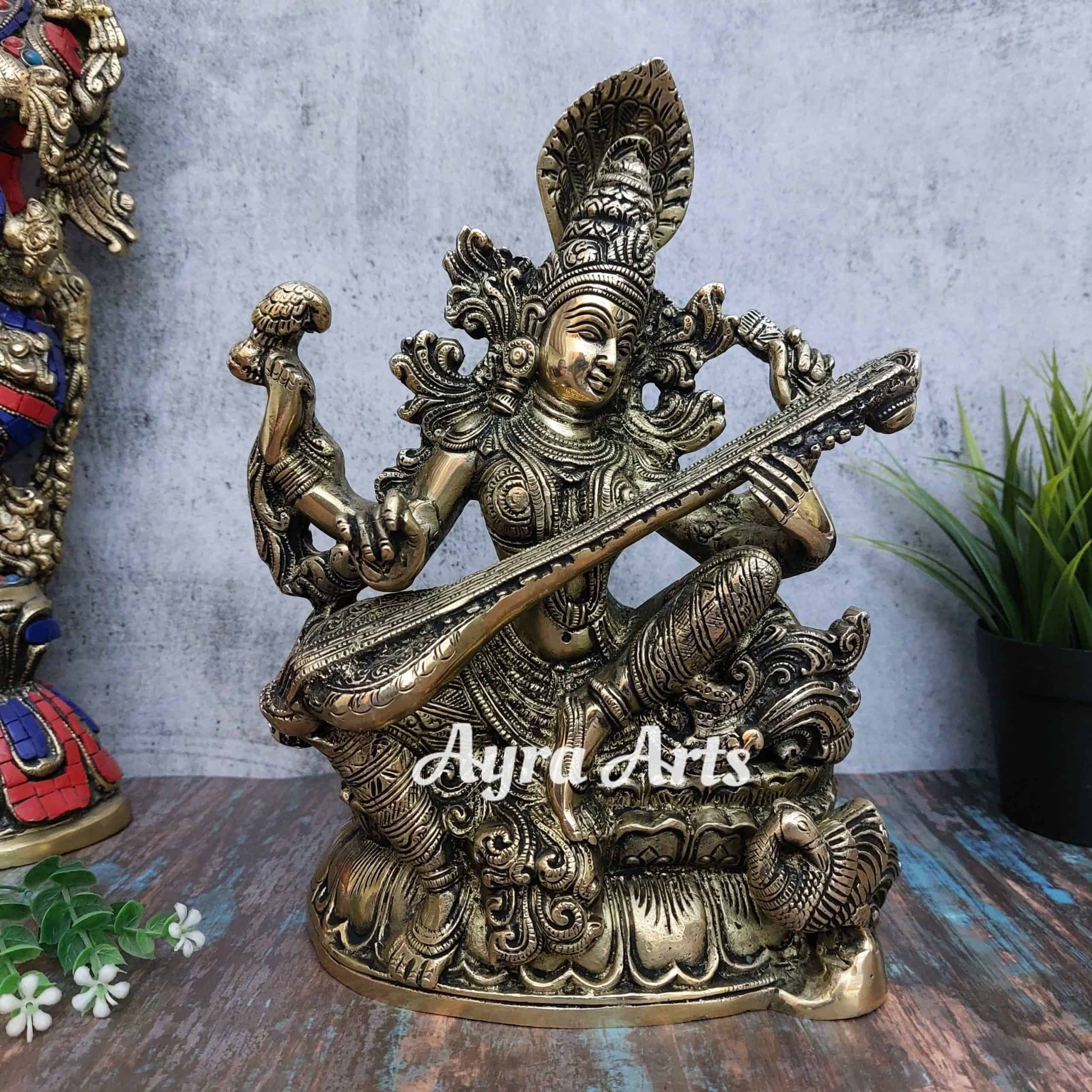 Brass Saraswati Idol - 11 inch Height | Divine Craftsmanship