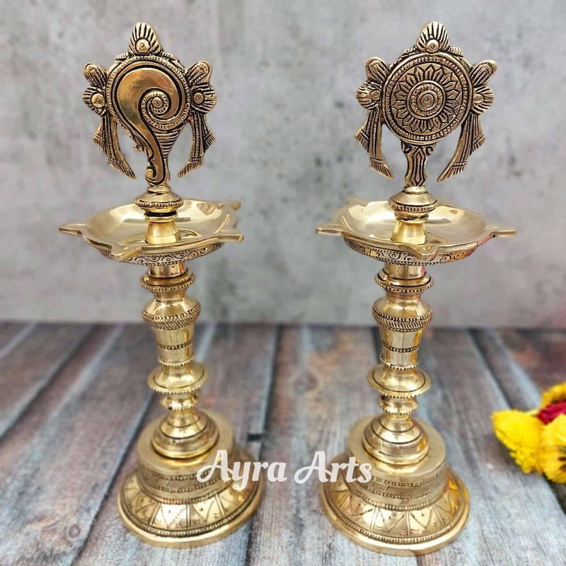 Brass Shankh Chakra Lamp Pair - 12 inch Height | Spiritual Aura Brass Shankh Chakra Lamp Pair - 12 inch Height | Spiritual Aura