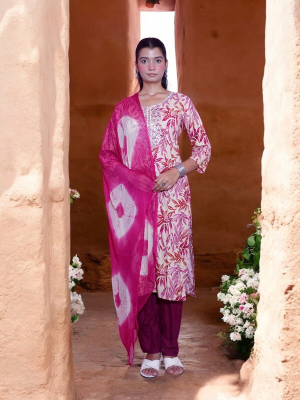 PINK AND CREAM FLORAL PRINT COTTON SALWAR SUIT SET