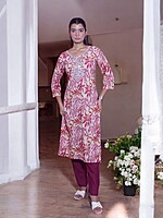 PINK AND CREAM FLORAL PRINT COTTON SALWAR SUIT SET