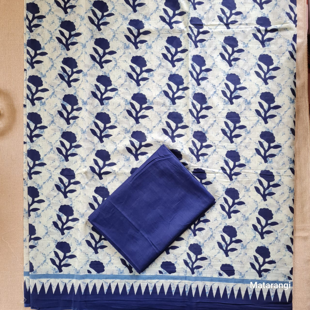 Indigo Block Printed MulMul Cotton Saree Indigo Block Printed MulMul Cotton Saree