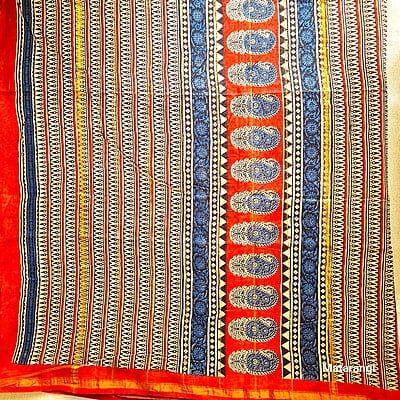 Red & Blue Handblock Printed Organic Chanderi Silk Saree Red & Blue Handblock Printed Organic Chanderi Silk Saree