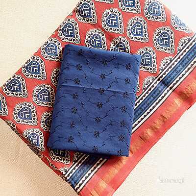 Red & Blue Handblock Printed Organic Chanderi Silk Saree Red & Blue Handblock Printed Organic Chanderi Silk Saree