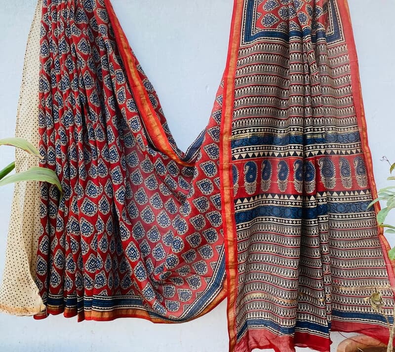 Red & Blue Handblock Printed Organic Chanderi Silk Saree Red & Blue Handblock Printed Organic Chanderi Silk Saree