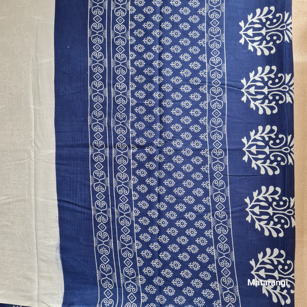 Indigo Block Printed MulMul Cotton Saree