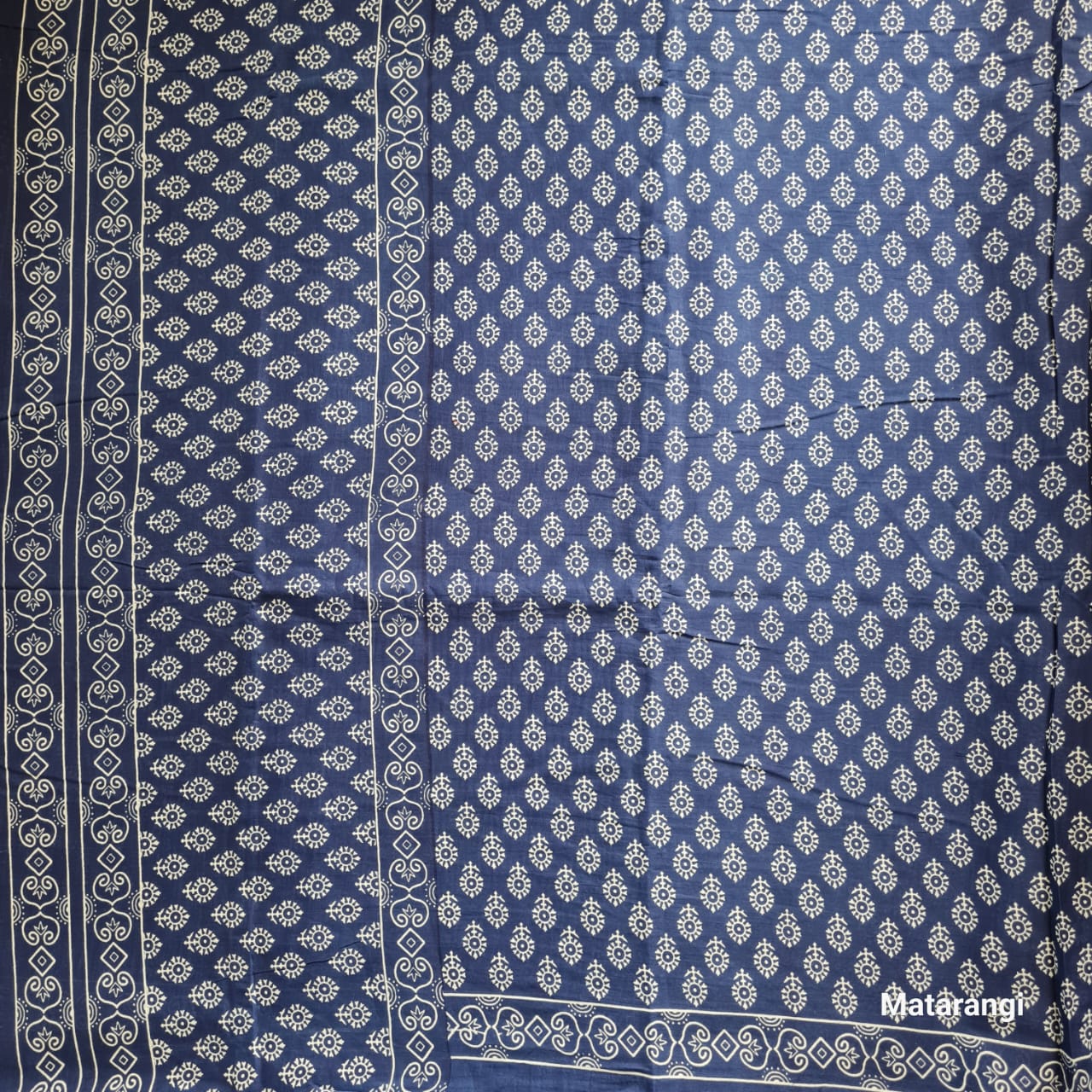 Indigo Block Printed MulMul Cotton Saree