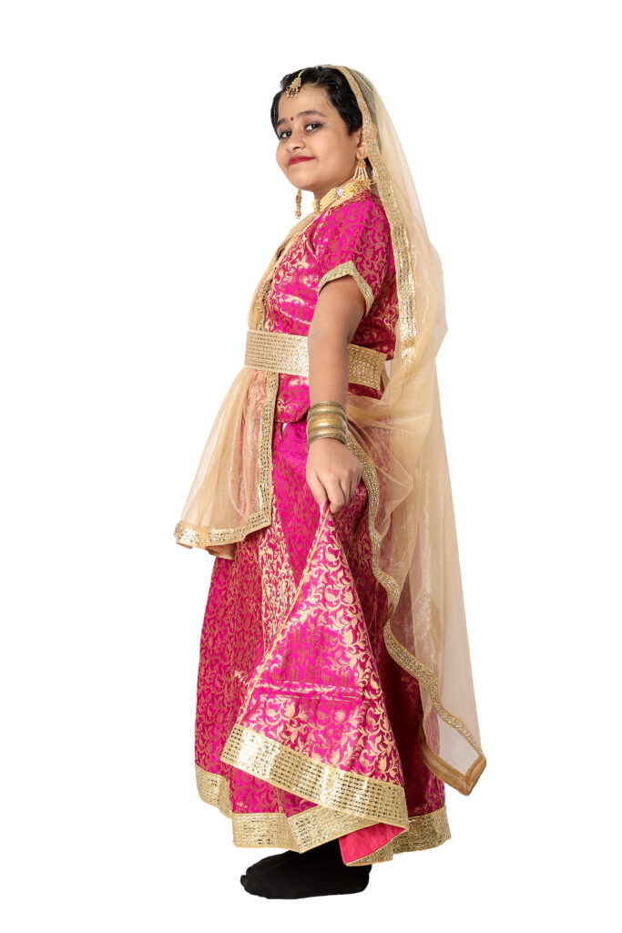 Girls Kathak Dance Fancy Dress Costume – Magenta & Golden Combination Girls Kathak Dance Fancy Dress Costume – Magenta & Golden Combination