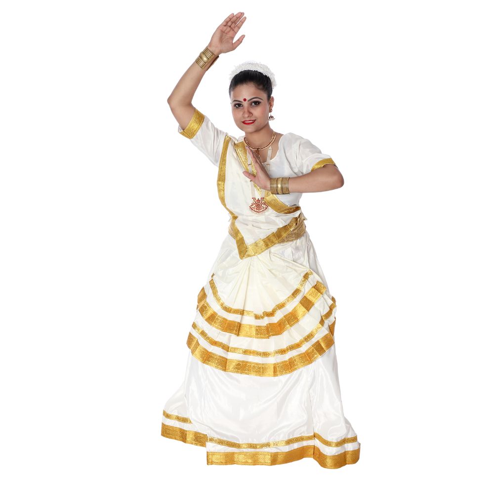 Mohiniyattam Dance Costumes Off White & Golden Border Mohiniyattam Dance Costumes Off White & Golden Border