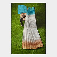 Ghicha Silk Handloom Ikkat Saree - Tussar Turquoise-Green-Golden Brown with BP