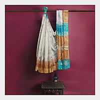 Ghicha Silk Handloom Ikkat Saree - Tussar Turquoise-Green-Golden Brown with BP