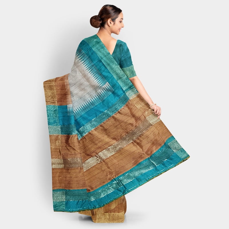 Ghicha Silk Ikkat Saree Handloom Tussar Cobalt Turquois and Ruddy Brown with BP